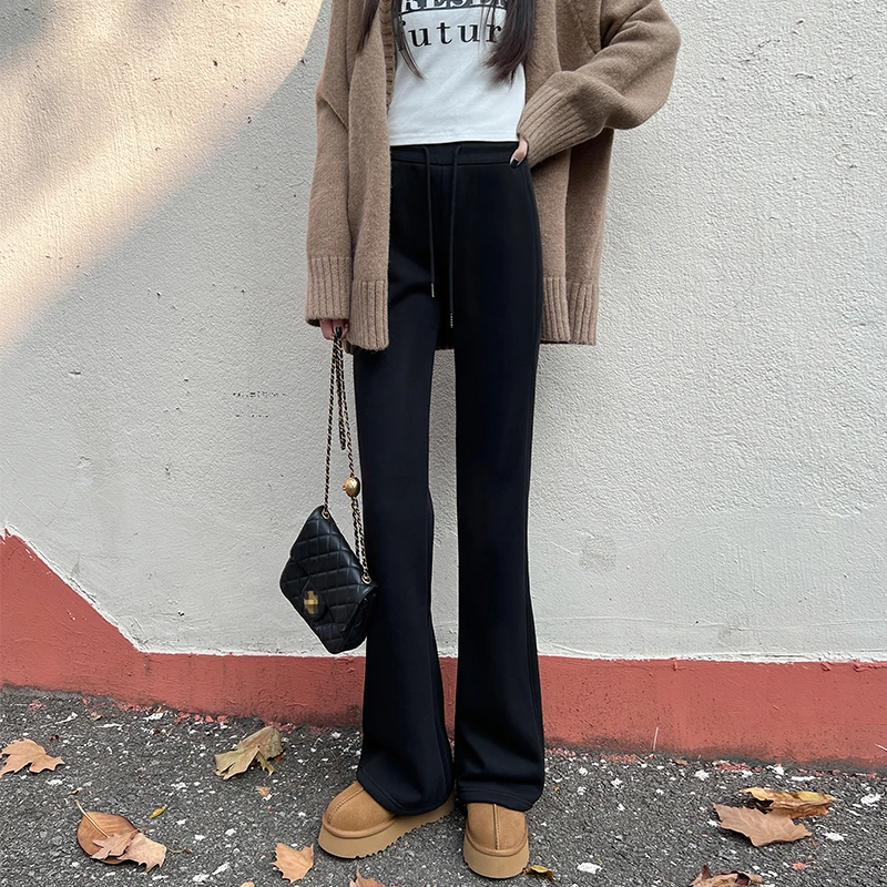 微喇阔腿裤女秋冬新款窄版显瘦加绒拖地长裤保暖垂感休闲瑜伽裤子