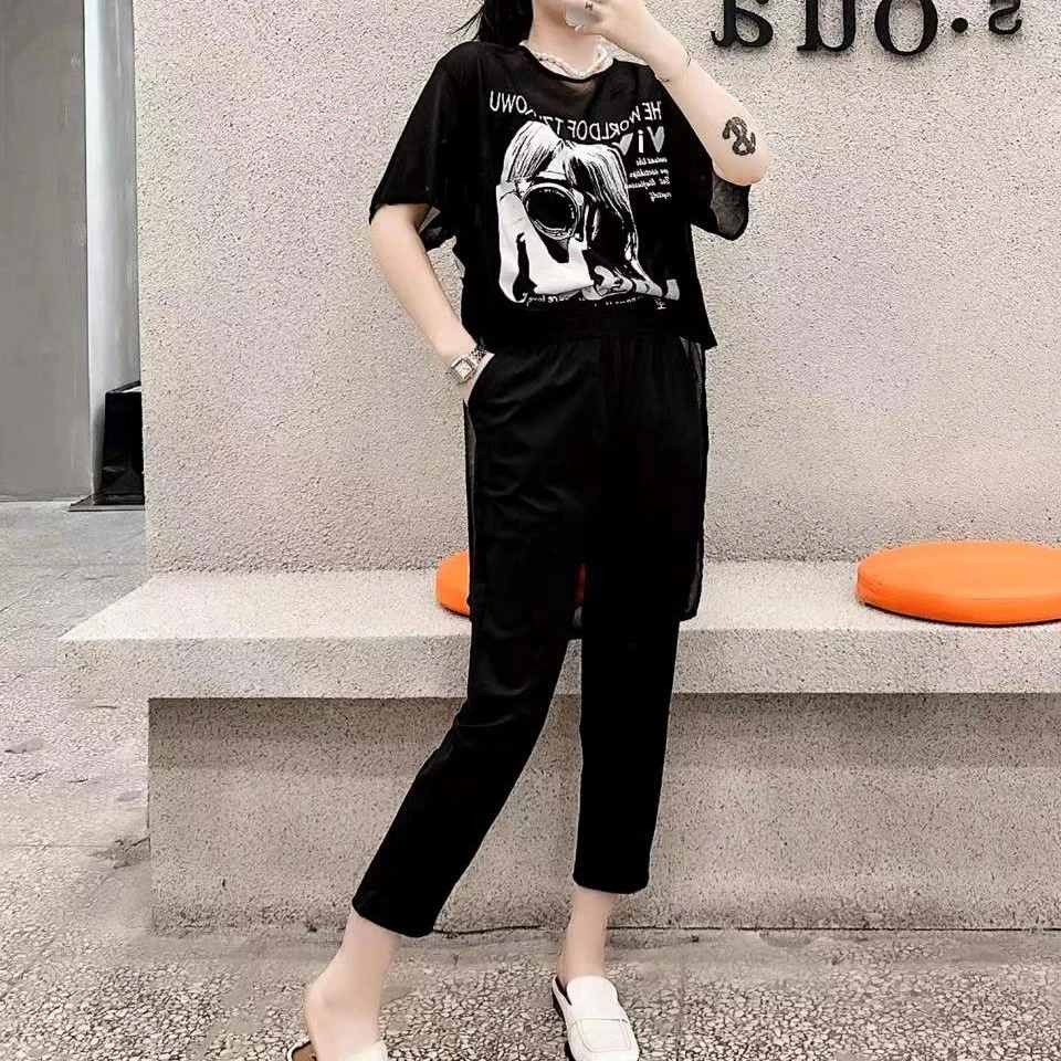 鲸鱼大码#百搭高腰速干显瘦冰丝面膜休闲裤夏季超薄9分烟筒裤女潮