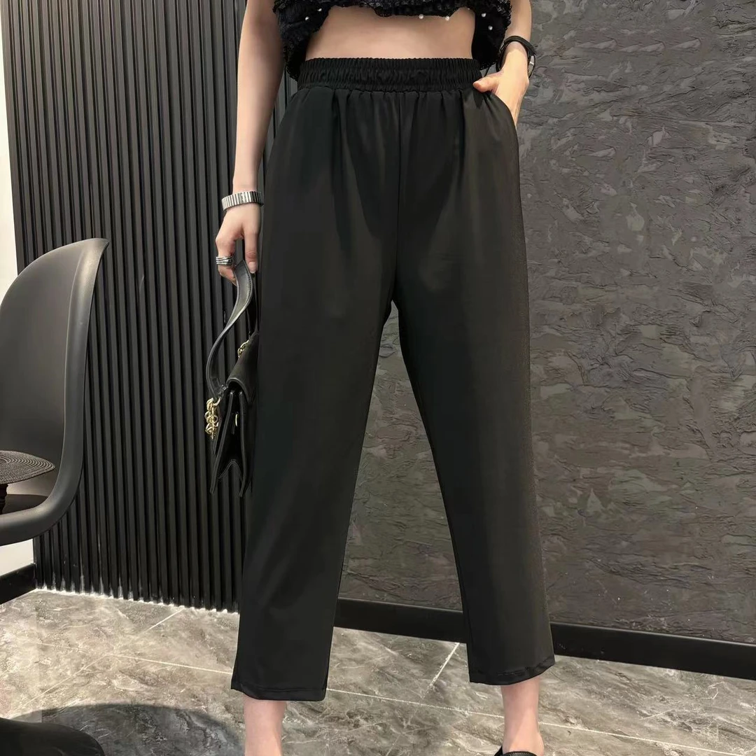 鲸鱼大码#25夏季新款9分冰丝凉凉裤直筒休闲透气高弹薄款面膜裤女