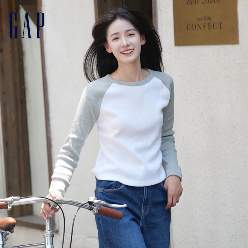 【女友T】Gap女装夏季纯棉罗纹长袖T恤450802美式时尚修身插肩袖