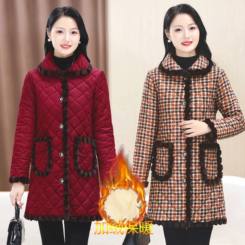 冬季妈妈装棉服大码加绒加厚中老年时尚保暖棉衣中长款棉袄宽松