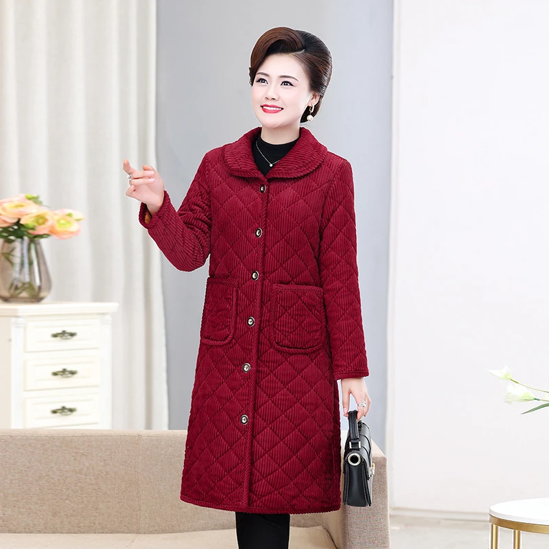 冬季妈妈装棉衣加绒保暖中老年加厚棉服时尚大码棉袄翻领中长款