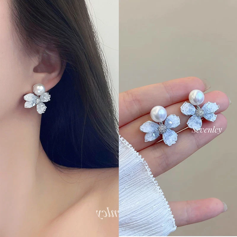 【冰蓝睡莲】绝美温柔高级珠珠水晶花朵耳环小众设计感气质耳钉女