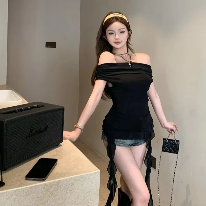 2024新款韩版秋装一字肩短袖女修身甜美女生少女t恤上衣大码半袖
