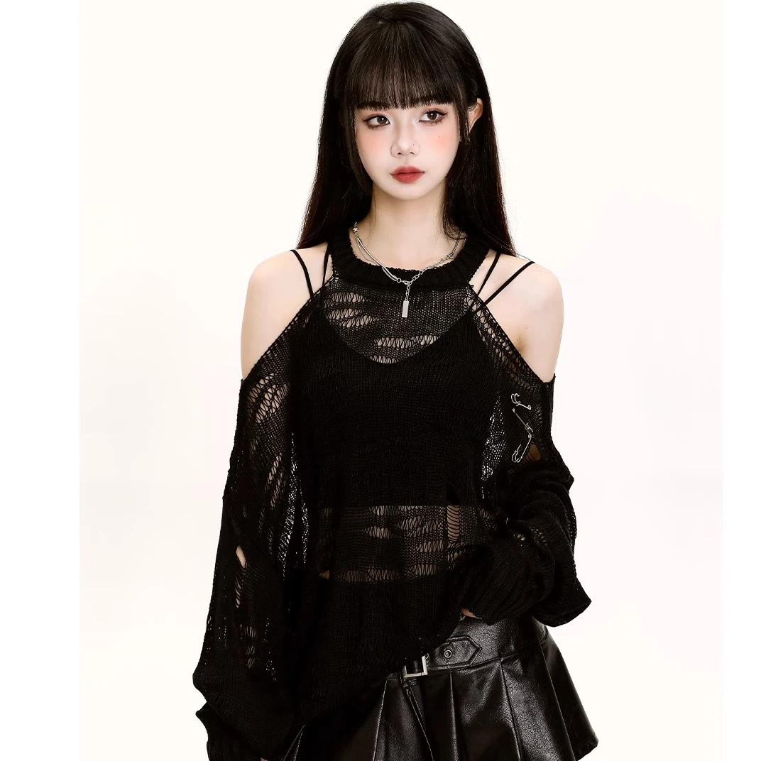 2024早秋新款挂脖露肩上衣女辣妹y2k镂空针织罩衫性感透视防晒衫
