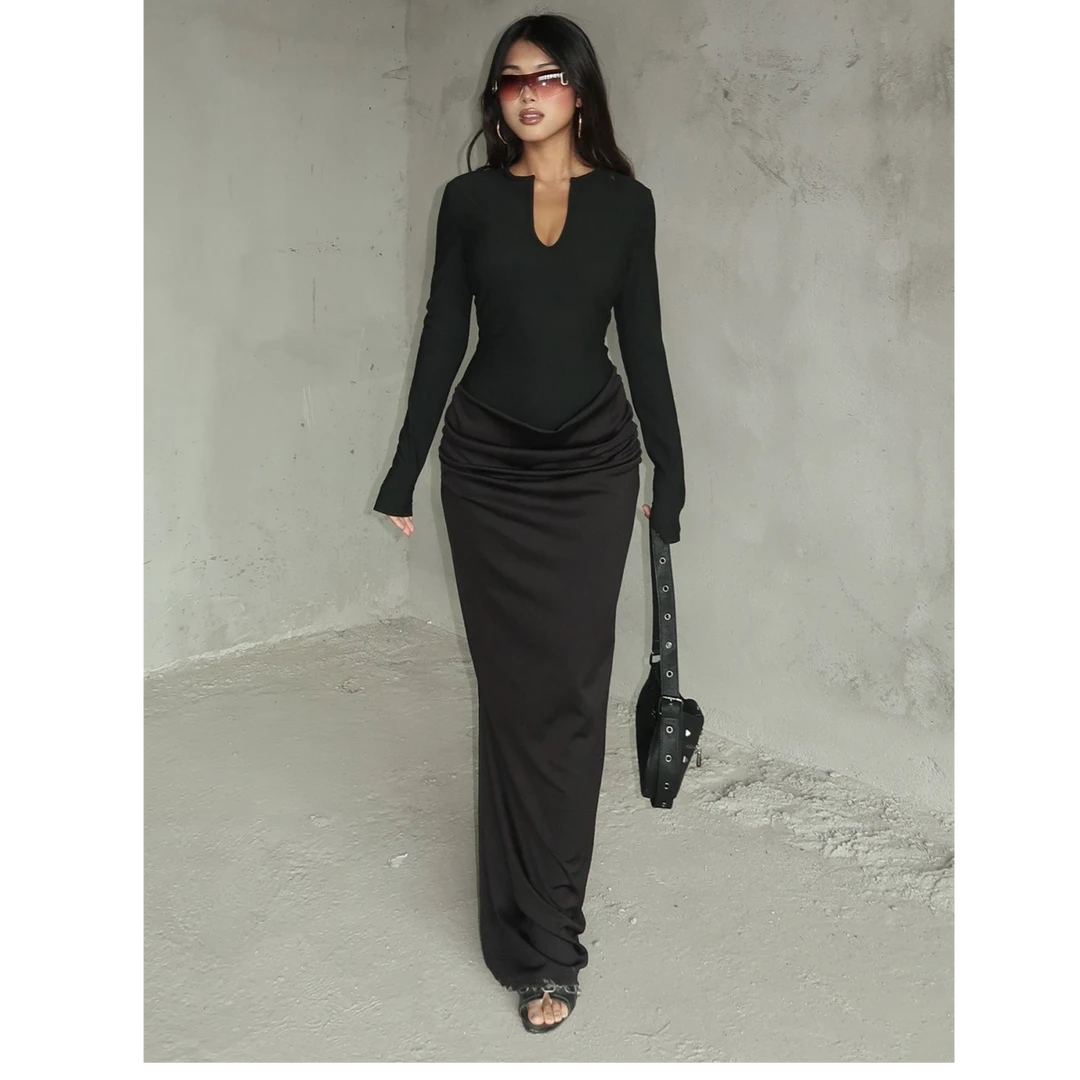 pinkmoon|| 新中式纯色拼接小v领长袖连衣裙气质收腰褶皱包臀长裙