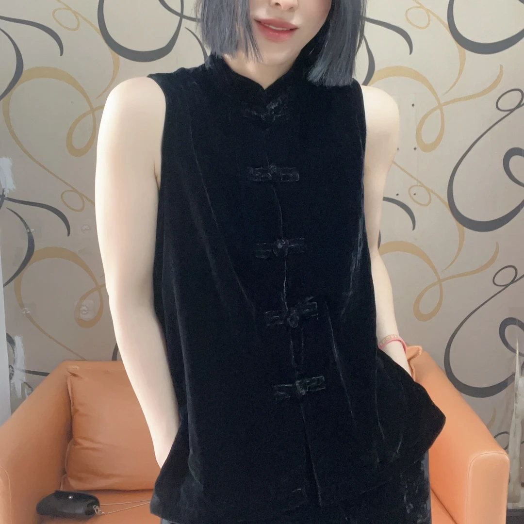 欧韩货高级时尚复古风丝绒黑色加里衬盘扣立领马夹
