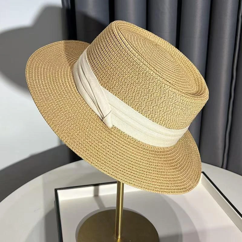 新款法式平顶遮阳草帽子女2024草编礼帽夏海边度假防晒沙滩太阳帽