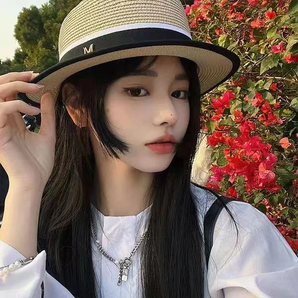 夏季编织帽子女平顶草帽海边度假遮阳防晒字母紫外线遮脸太阳礼帽