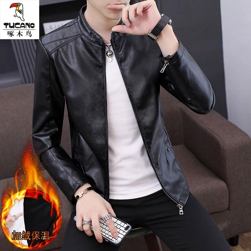 啄木鸟皮衣男春秋韩版潮流修身男士皮衣真皮加绒绵羊皮夹克外套男