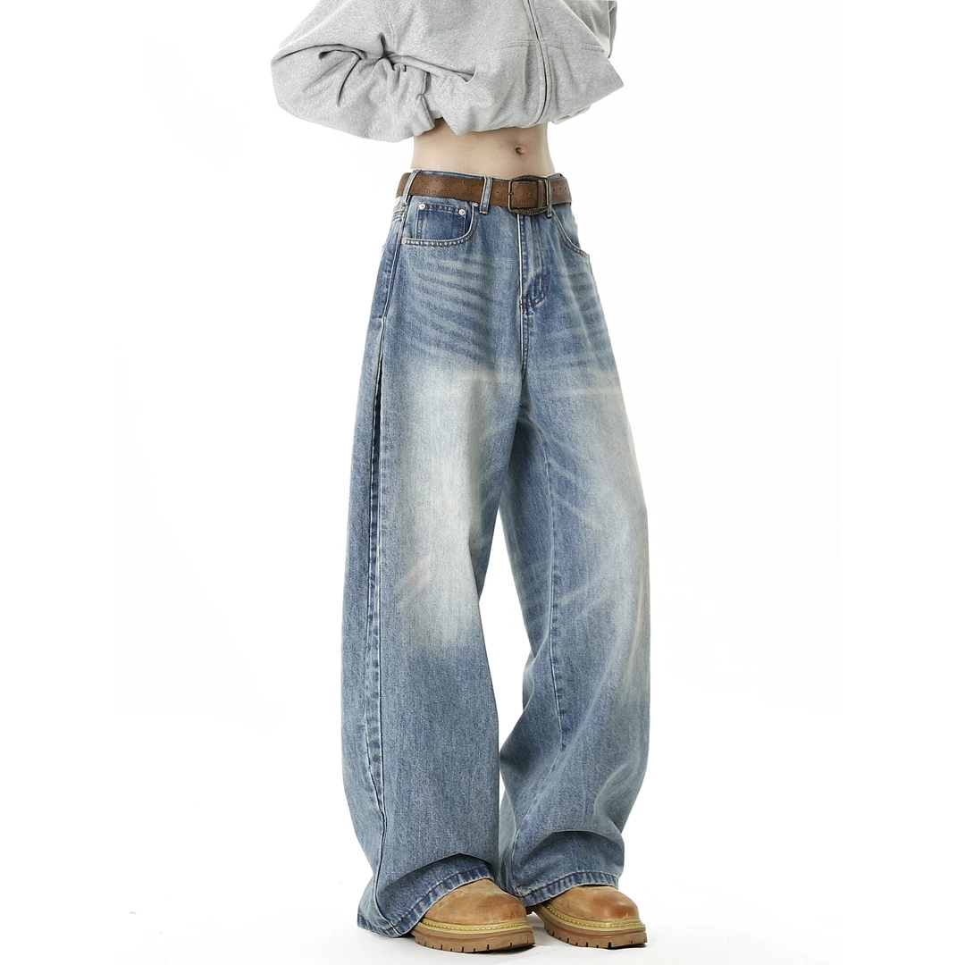 美式水洗复古弯刀牛仔裤男秋冬季潮牌宽松cleanfit直筒阔腿长裤子