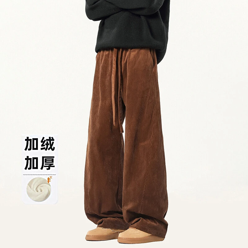 美式高街老钱风灯芯绒卫裤男秋冬季复古加绒休闲裤宽松男加绒裤子