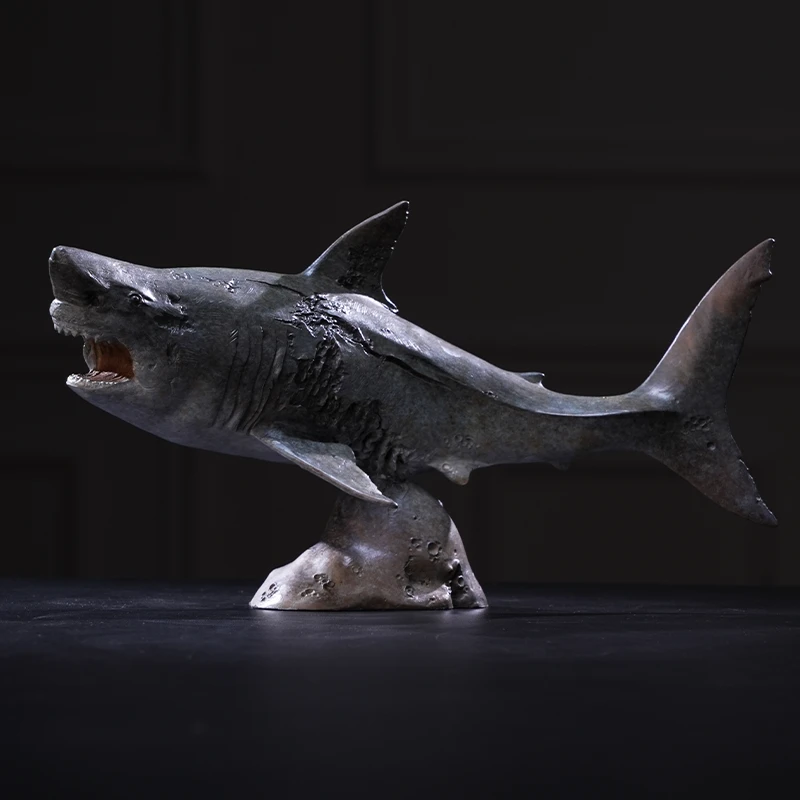 观余艺术纯青铜鲨鱼雕塑创意中式桌面手工家居饰品摆件《蓝影》
