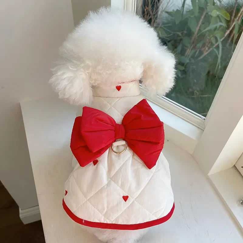宠物衣服秋冬新款加绒夹棉蝴蝶结牵引扣外套泰迪比熊狗狗猫咪裙子