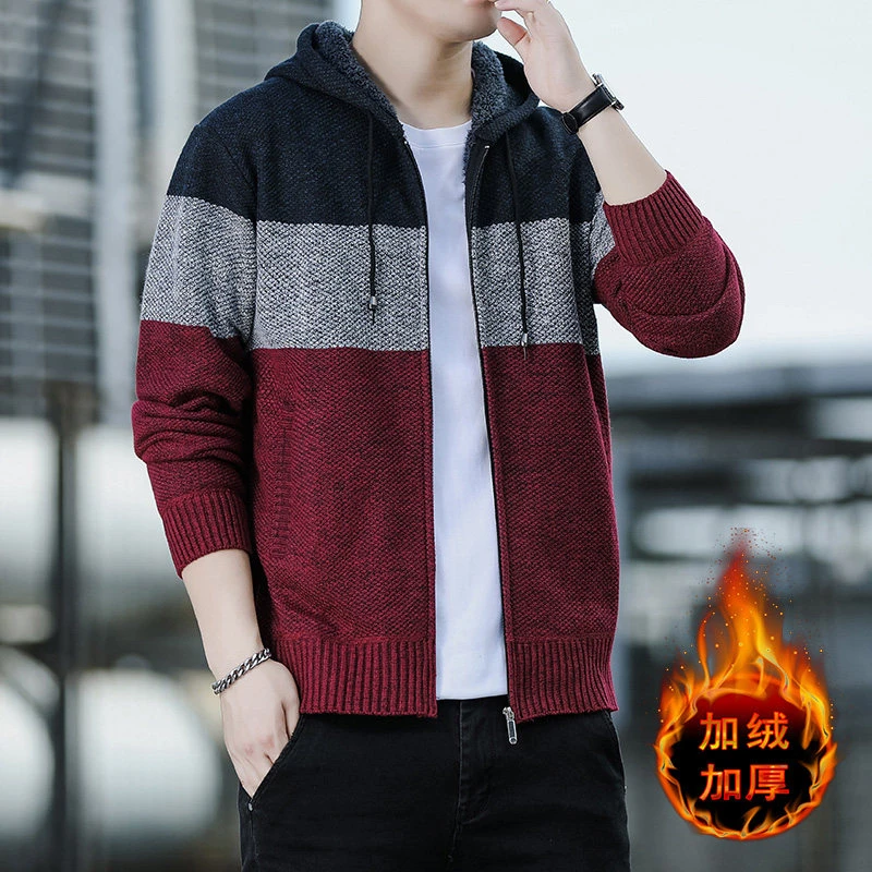 2023新款中青年连帽毛衣男外套加绒加厚针织开衫男保暖休闲