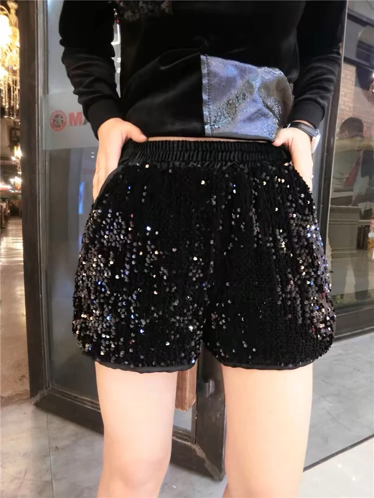【美钰】网红同款全码亮片闪亮重工松紧高腰韩版亮片黑色短裤热裤潮