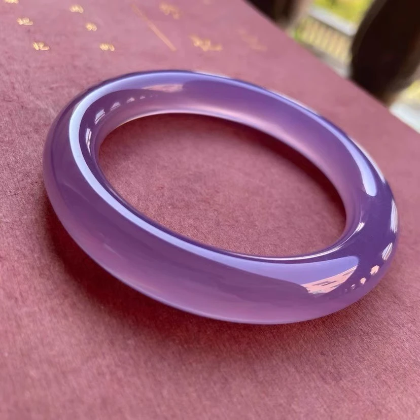 天然紫色纯色中宽玛瑙玉髓手镯女款百搭紫色玉石玉镯附证书