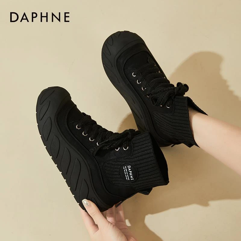 达芙妮厚底袜靴短靴女冬季2024新款加绒马丁靴女鞋冬款高帮袜子鞋