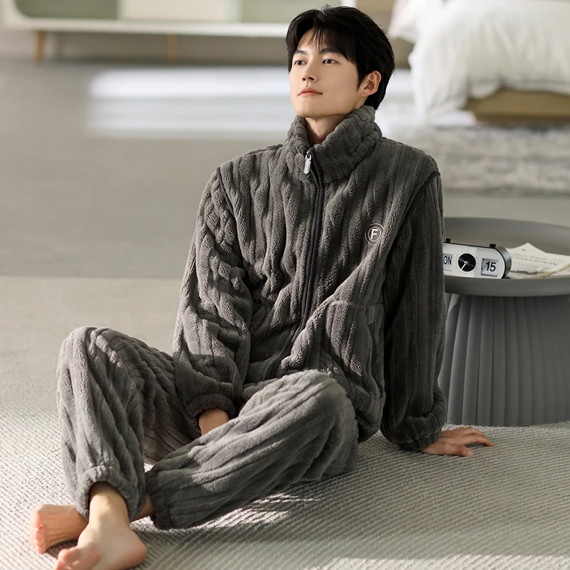 2025暖绒秋冬季新款男款休闲套装家居服可外出男士高档睡衣可外穿