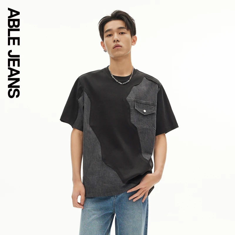 ABLEJEANS夏季新款男士玉落青龙系列牛仔拼接重磅短袖T恤