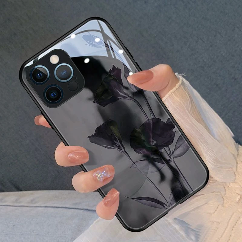 华为/小米/苹果/vivo/oppo暗黑玫瑰新款网红钢化玻璃个性简手机壳