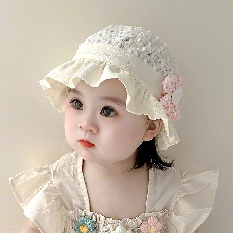 婴儿帽子夏季薄款蕾丝渔夫帽女宝宝遮阳帽可爱新生儿公主防晒盆帽