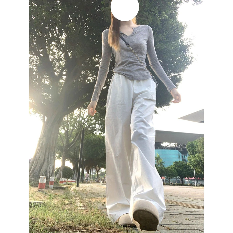 宽松慵懒白色休闲裤女春季新款小个子高腰直筒拖地长裤直筒阔腿裤