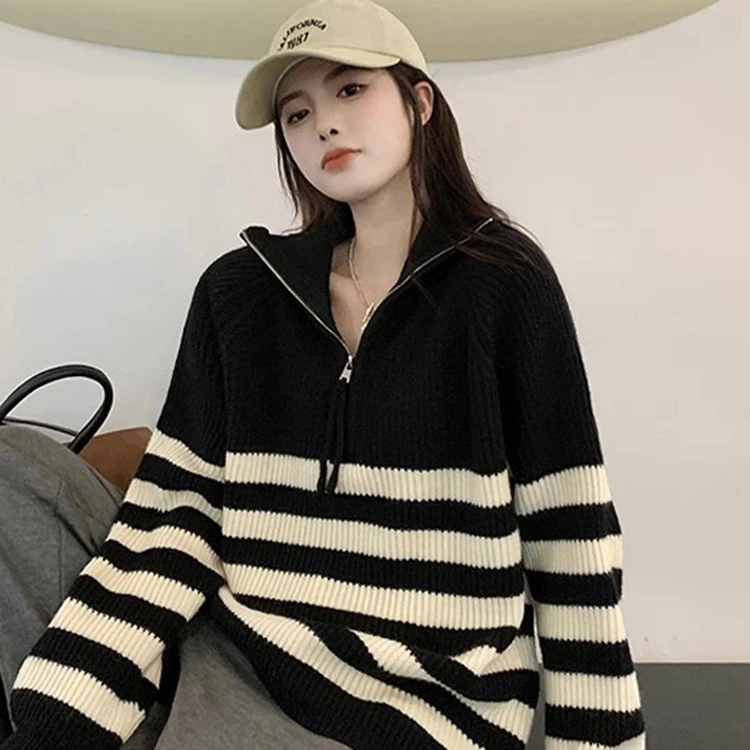 半拉链翻领撞色条纹套头毛衣女秋冬软糯宽松慵懒中长款针织衫上衣