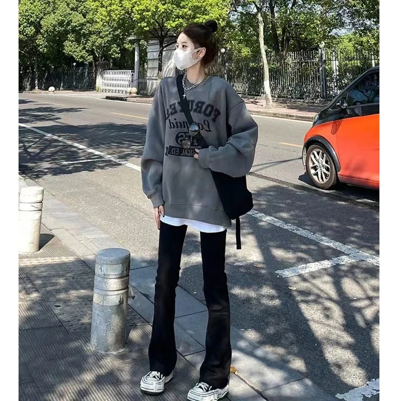 美式复古oversize圆领薄款卫衣女秋冬款圆领chic港味长袖上衣港风