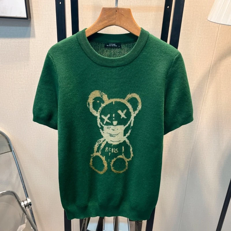 秋冬新款小熊提花短袖毛衣男士潮牌圆领修身半截袖上衣打底针织衫