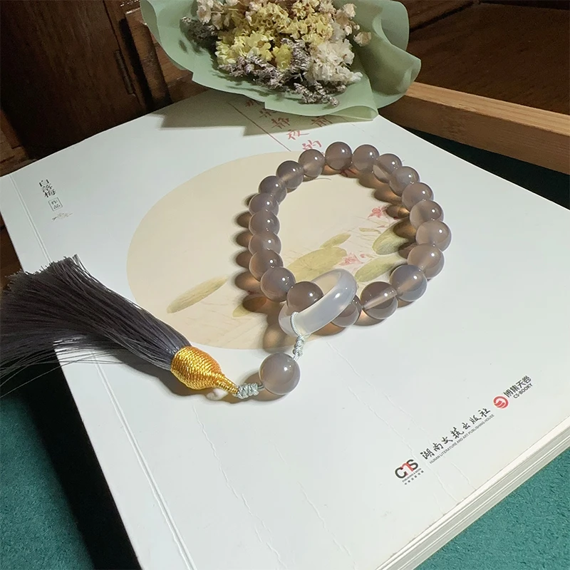 天然玉石烟紫玛瑙手持白色玛瑙跑环流苏卡10女士手串珠串时尚百搭
