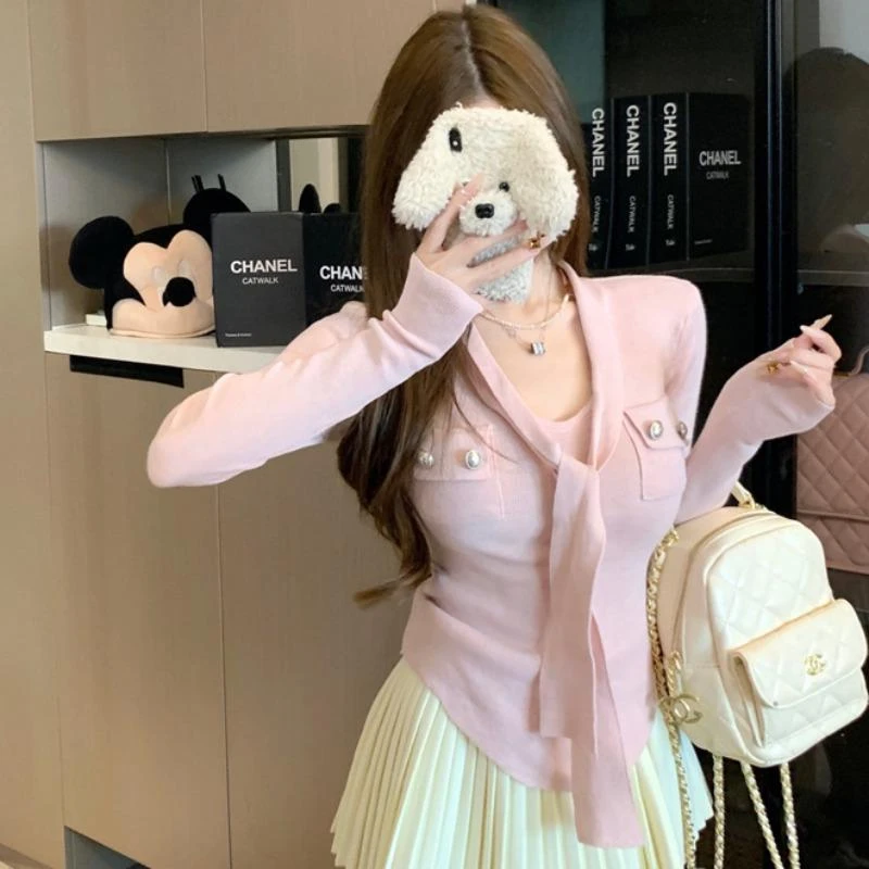 小香风V领挂脖围针织打底衫内搭女秋冬季设计感小众收腰显瘦上衣