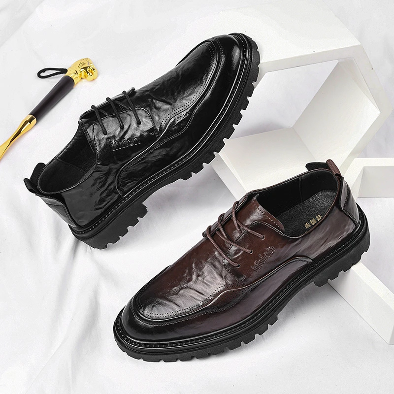 8667设计师新款真皮牛皮鞋男商务正装英伦休闲厚底百搭潮流系带鞋