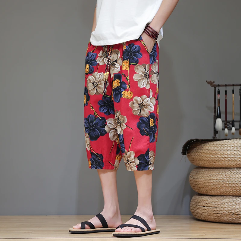 七分裤男士夏季薄款宽松大码花短裤中国风潮流个性百搭休闲沙滩裤