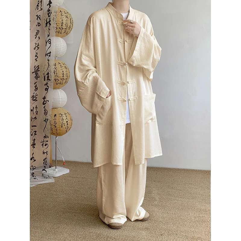 长款外套男春秋季新中式国风棉麻汉服禅意居士服套装宽松盘扣道袍