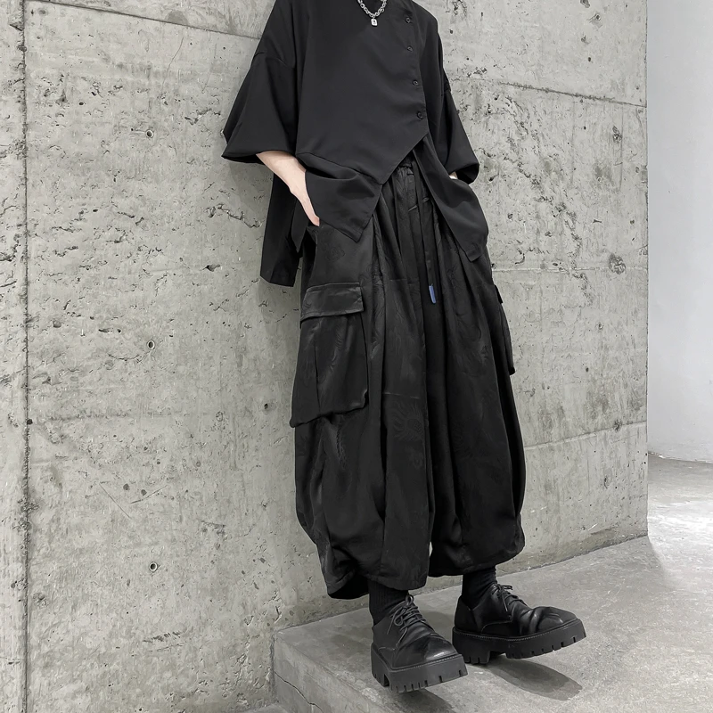 夏装山本耀司日系复古大口袋九分灯笼裤男暗黑系冰丝暗纹裤子大码