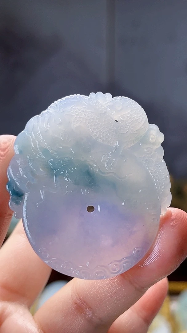 天然缅甸翡翠冰胶冰春彩龙扣平安扣毛货买断需抛光尺寸51-45-7.8