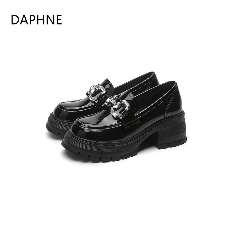 达芙妮厚底乐福鞋女24年春季新款厚底粗跟百搭漆皮黑色小皮鞋单鞋