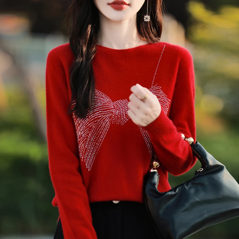 打底衫女2024新款春秋洋气烫钻蝴蝶结针织上衣加大码女装秋冬毛衣