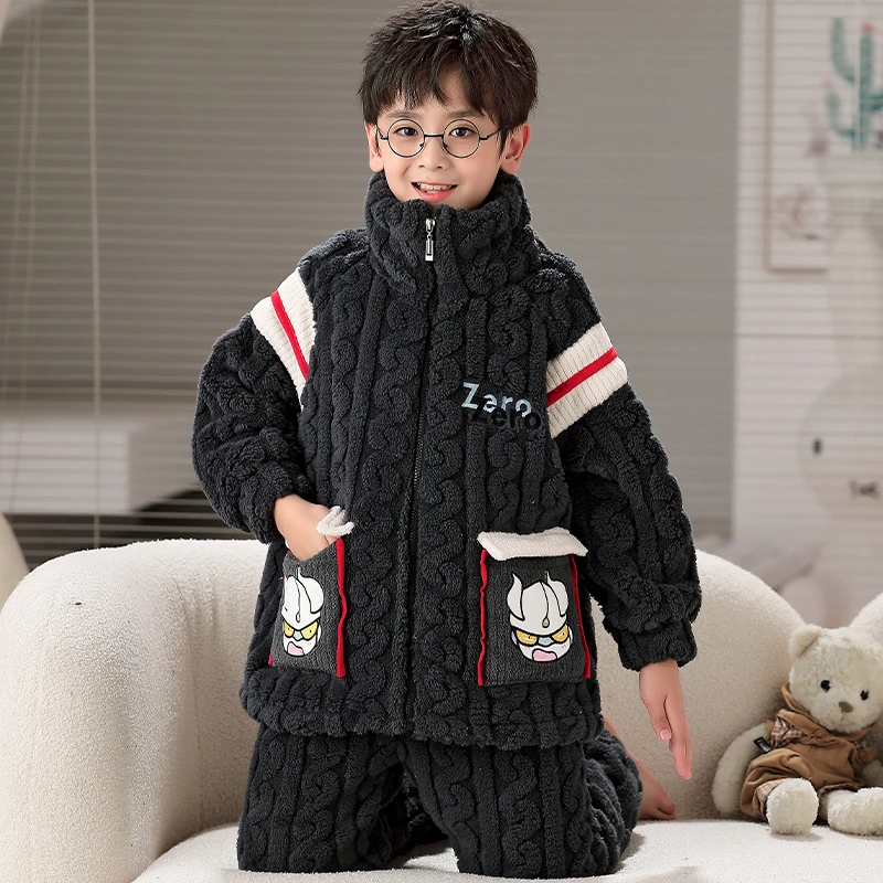 秋冬季款儿童法兰绒睡衣宝宝加厚加绒家居服男童中大童珊瑚绒套装