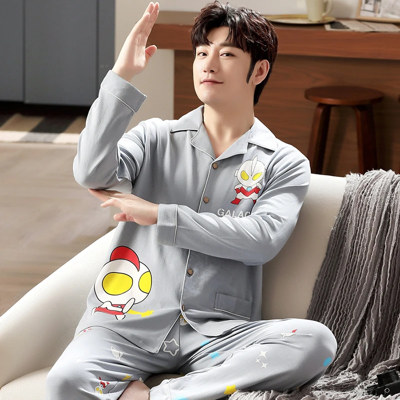 家居服男士睡衣纯棉长袖春秋款全棉式可外穿青少年男生家居服套装