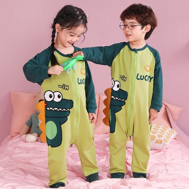 儿童连体睡衣春秋季男女童卡通纯棉薄款夏天空调服小孩中大童防踢