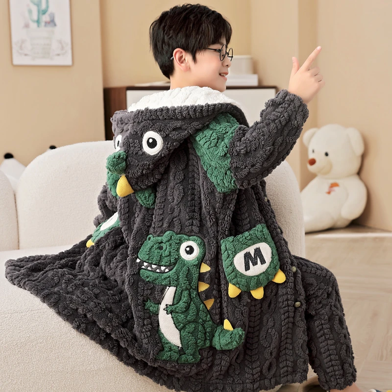 儿童恐龙睡衣秋冬季2023新款男孩加厚款长款男宝宝珊瑚绒男童睡袍