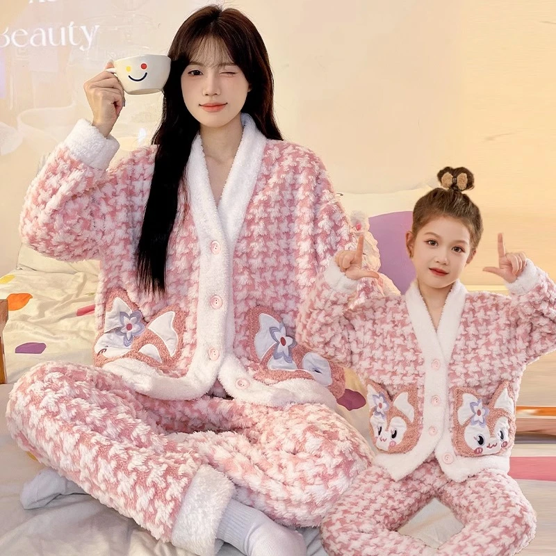 母女同款亲子睡衣秋冬季珊瑚绒加绒加厚开衫套装中大童学生家居服