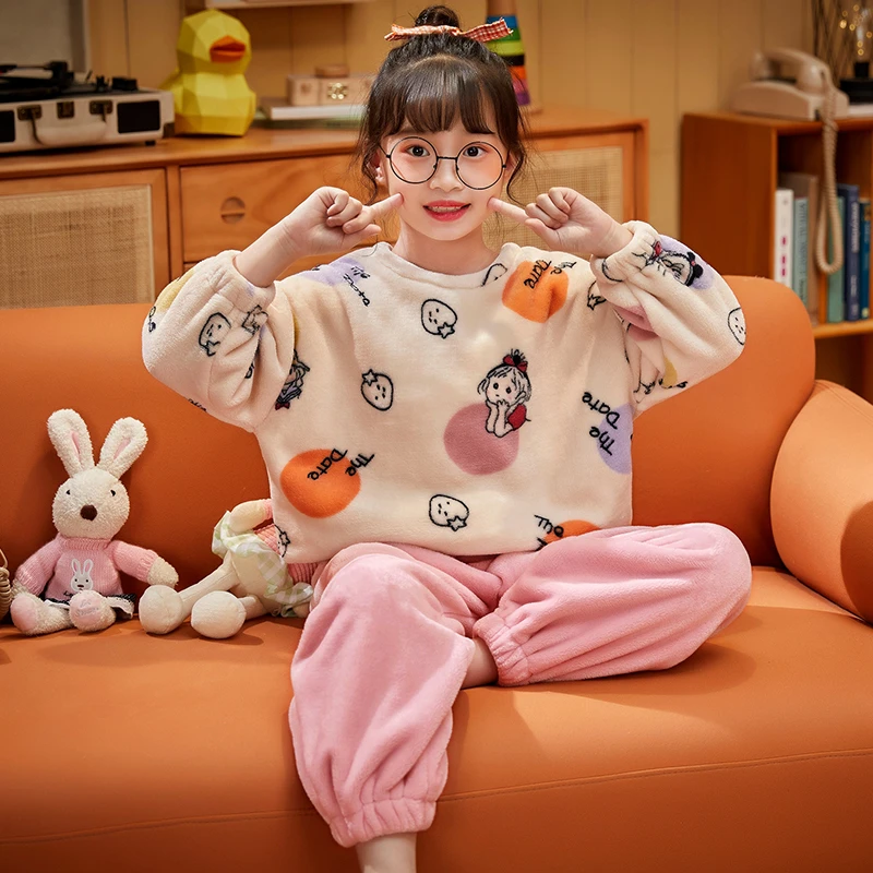儿童睡衣珊瑚绒薄款薄绒秋冬季加绒加厚法兰绒女童宝宝家居服套装