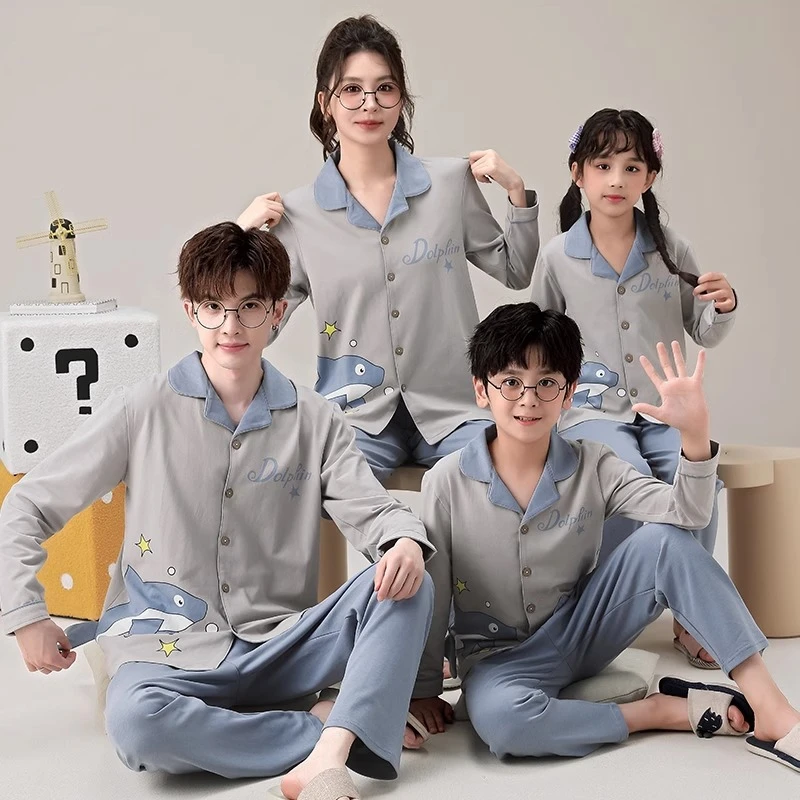 亲子装一家三口睡衣春秋季纯棉长袖男孩中大童母女家居服大码套装