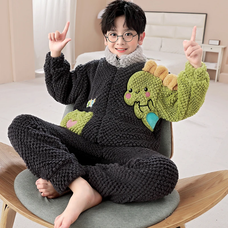 儿童睡衣男孩珊瑚绒冬季加厚小孩中大童法兰绒男童秋冬款胖童套装