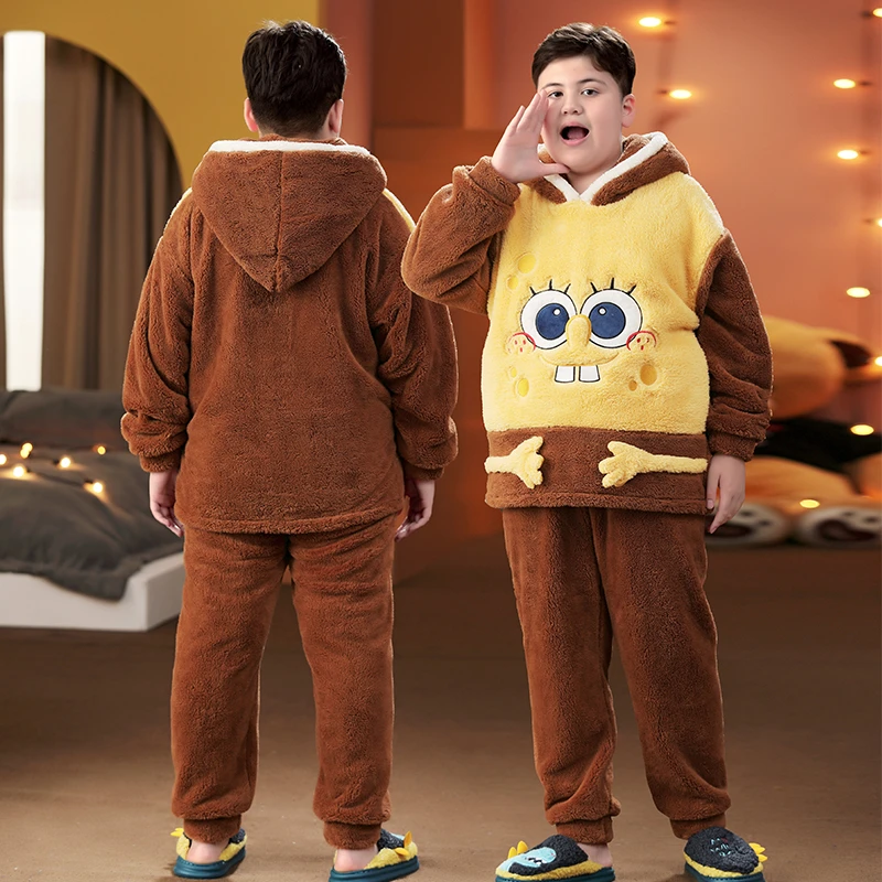 儿童睡衣男童秋冬季珊瑚绒加厚胖童加肥加大法兰绒卡通家居服套装