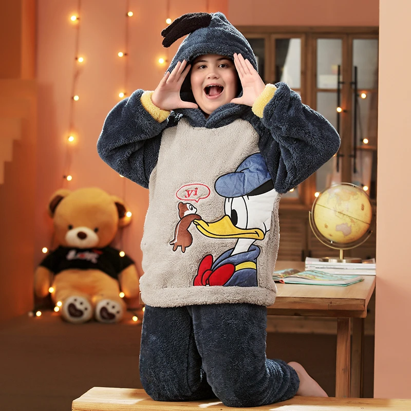 冬季儿童睡衣法兰绒男孩女童加绒加厚加肥加大码珊瑚绒大童家居服