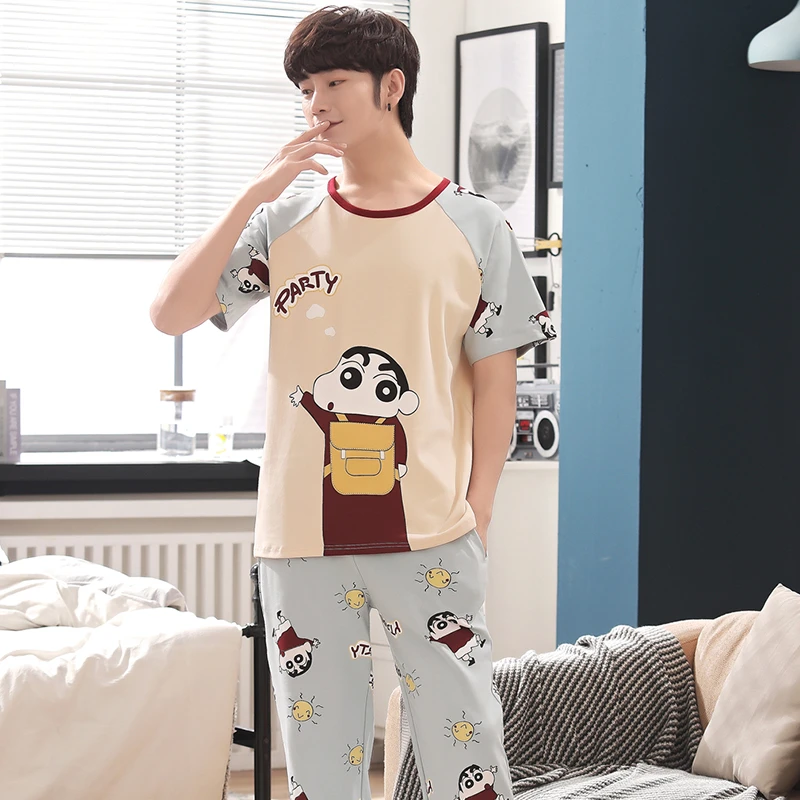睡衣男士夏季纯棉短袖长裤胖童男童全棉薄款2023年新款家居服套装